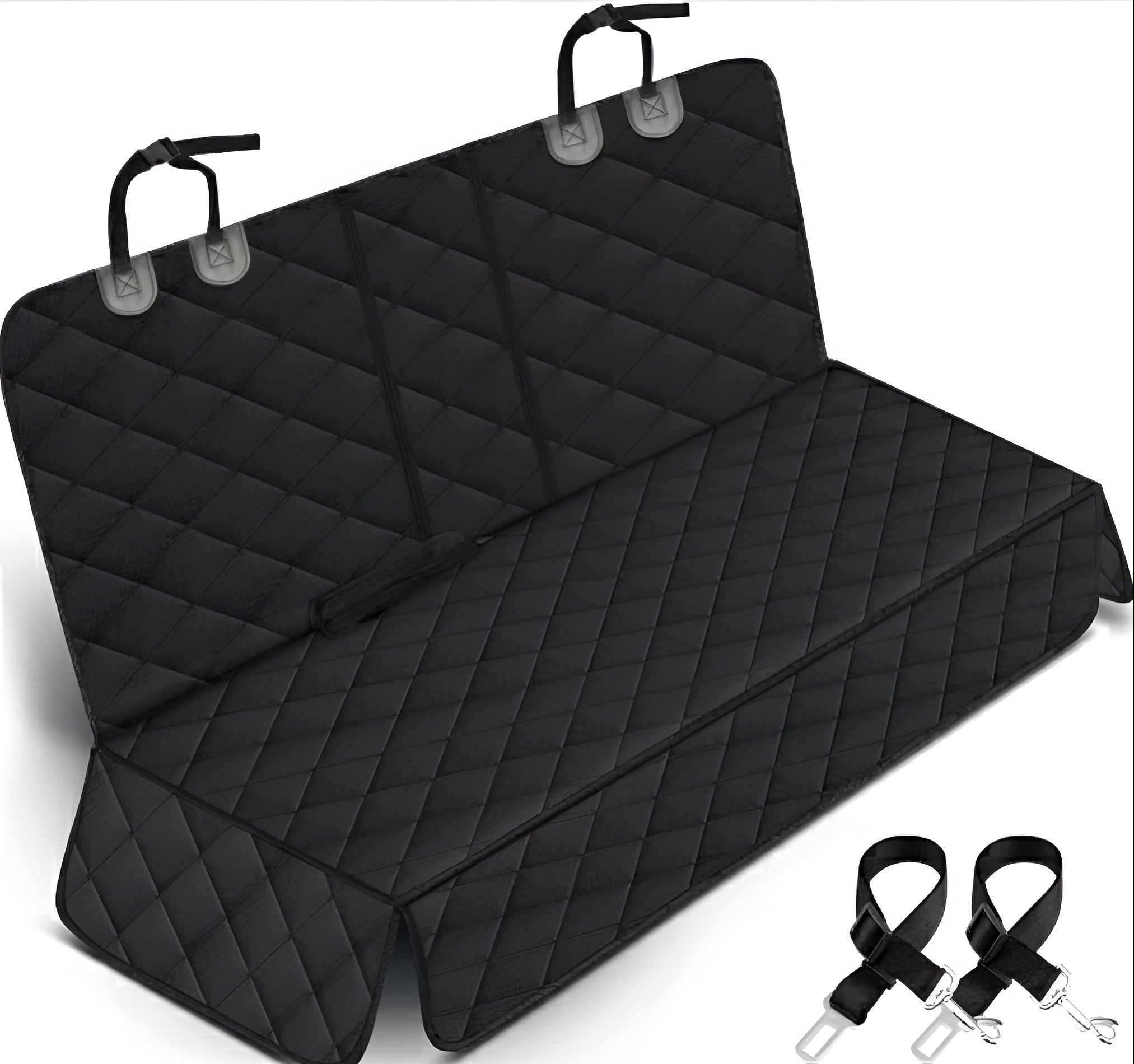 Black quilted car seat cover with straps on a white background