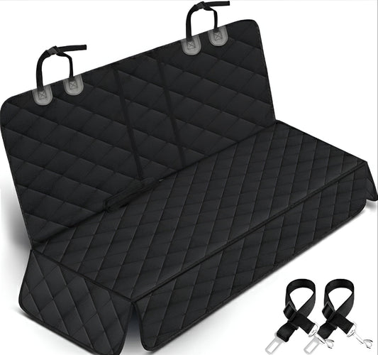 Black quilted car seat cover with straps on a white background